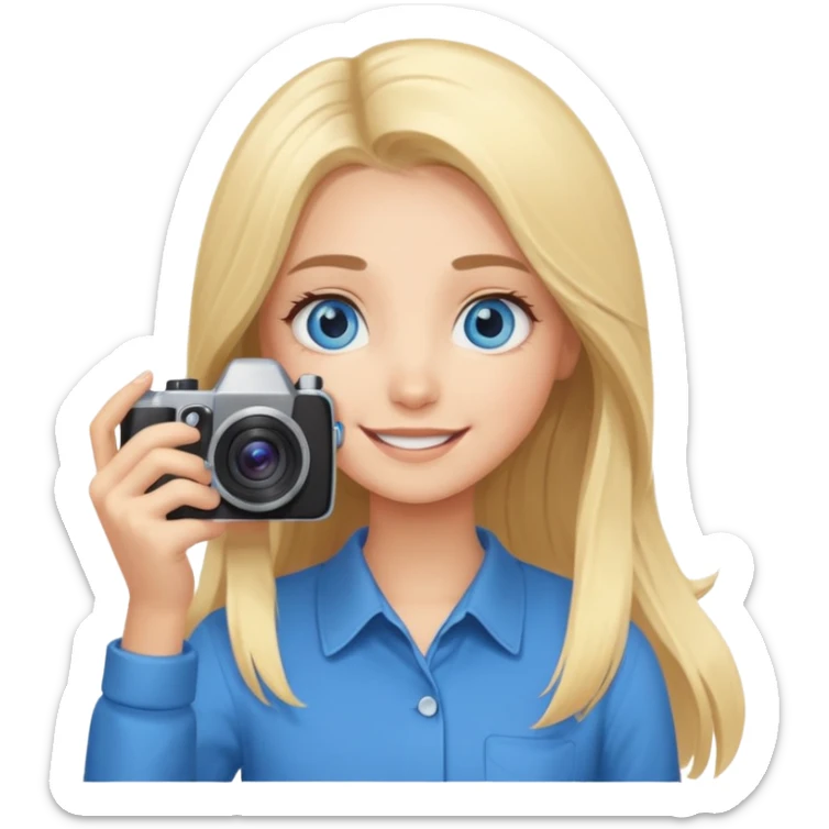  blue eyes blonde girl photographer cartoon taking picture in middle of taking picture camera in front of face long hair smiling funny flash professiona sticker