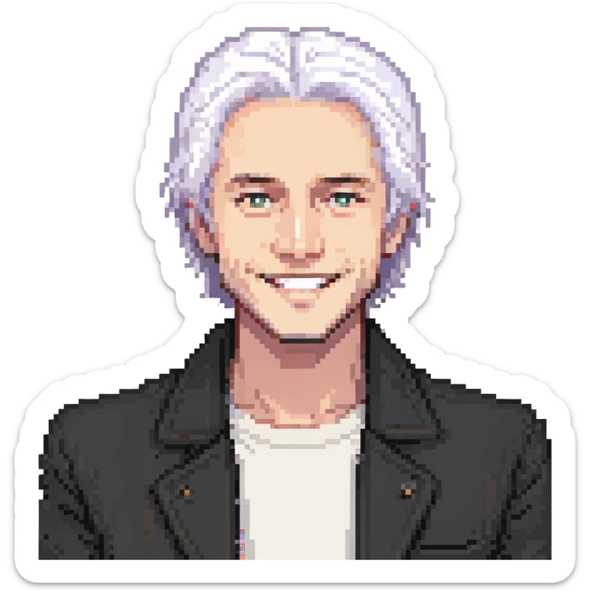 Man with white hair parted in the middle, black in color, shoulder-length, smiling, wearing a white shirt and a black jacket sticker