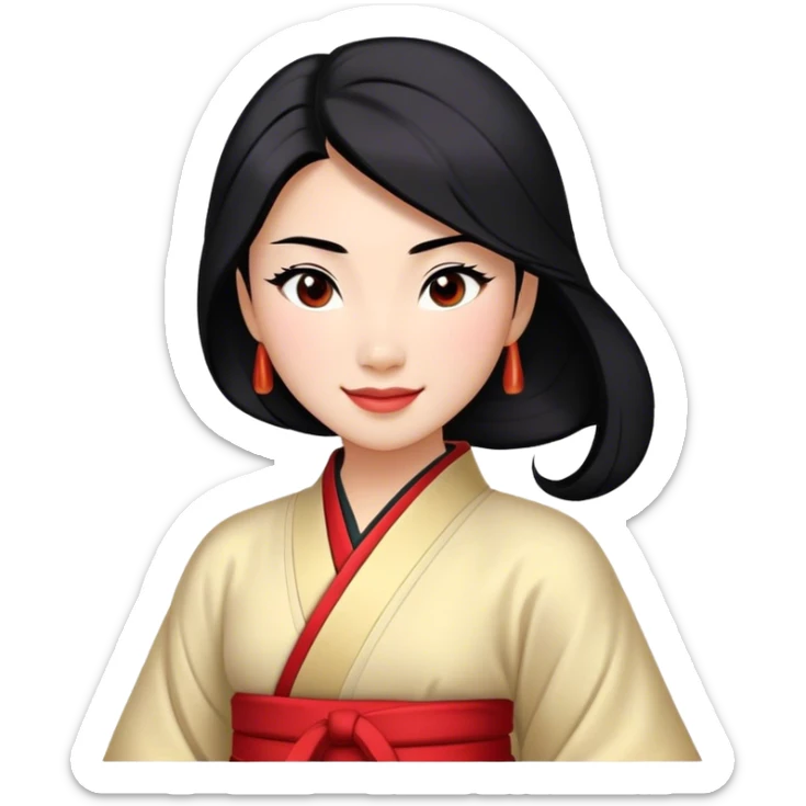 Cinematic Realistic Radiant Mulan Portrait, presenting Mulan with a warm, confident smile and lifelike light-toned skin that appears almost luminous under natural daylight. Her sleek black hair is rendered in meticulous detail, and her traditional robe—accented with understated red highlights—is depicted with realistic fabric textures and folds. The overall image exudes a gentle, inviting glow, high shine, and refined detail that captures her poised elegance and inner resilience in a painterly, authentic style. sticker