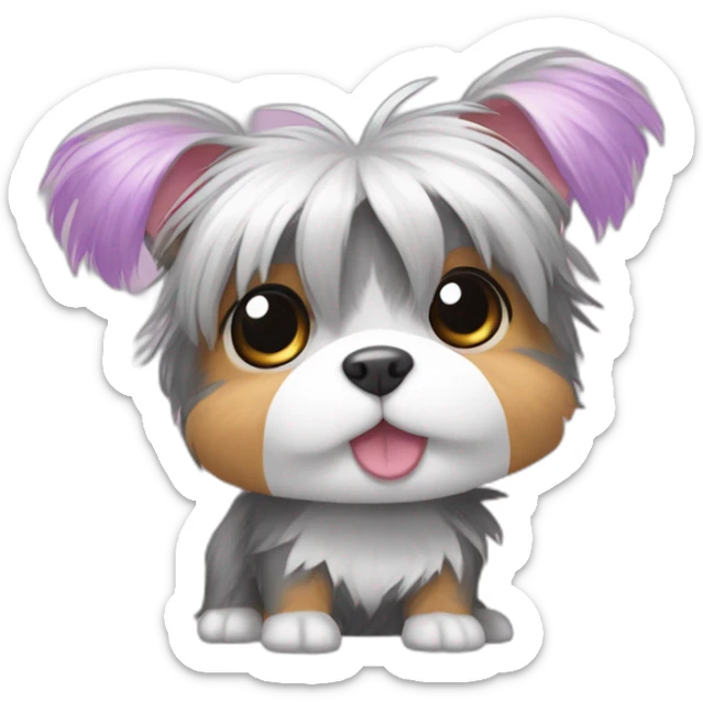yorkshire terrier with grey hair with the tongue and two little pink hair-bow on the head with a purple nappy and a Hamtaro beside sticker