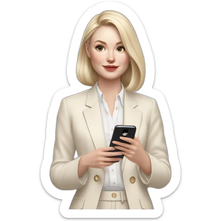 pale skin woman with ash blonde Straightened bob Hair, White Spacious classical jacket, beige palazzo Arrow pants and gray blouse holding white IPhone 14 pro in the hands sticker