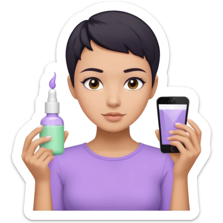 tan girl with pastel purple shirt with black hair & a pixie, doing her skin care sticker