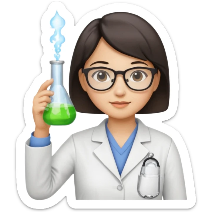 female asian chemistry teacher wearing glasses holdin a flask pointing right with straight short hair to her shoulders sticker