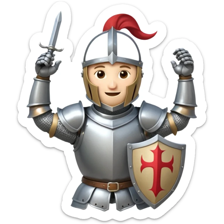 A cartoon knight in full armor with a closed helmet, expressing merriment. The knight's head is tilted slightly to the side, arms raised in laughter, and legs slightly apart. sticker