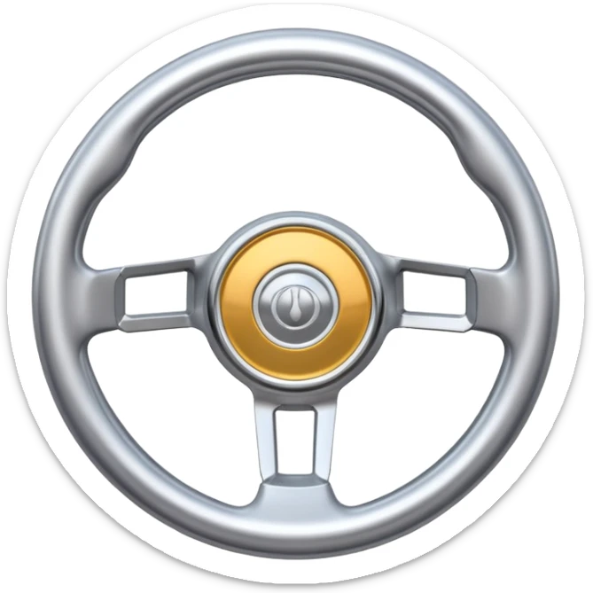 A futuristic steering wheel emoji made of silver chrome, minimal geometric design, smooth metallic surface, soft reflections, iOS emoji style, centered, clean white background sticker