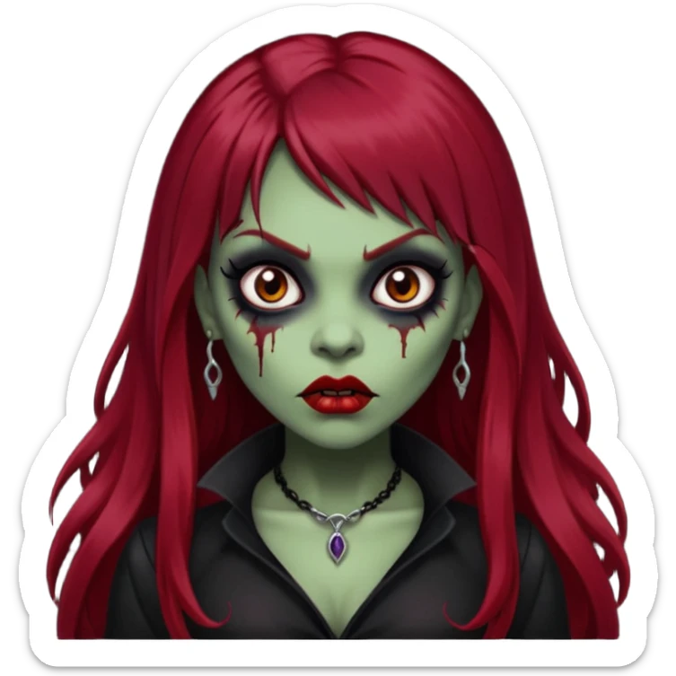 vampira gótica parda zumbi de cabelo longo e vermelho extremamente escuro e franja e roupa com decote e batom preto sticker