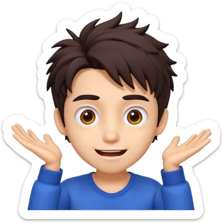 3D cartoon male character with big expressive eyes, messy dark hair, playful smile, energetic personality, vibrant K-pop animation style." sticker