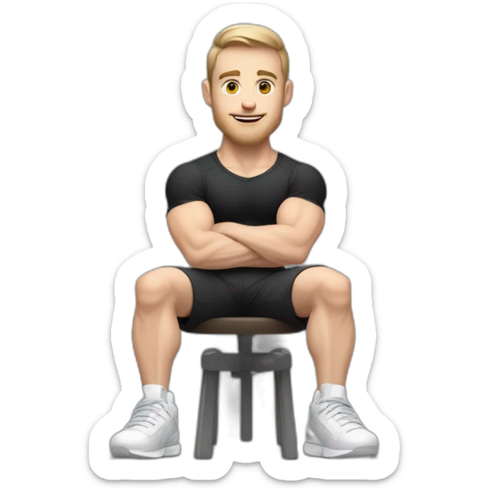 Pale skinned Fit Man With the biceps and dark brown hair in black shirt, gray sports shorts and white Sneakers Sitting on a chair sticker