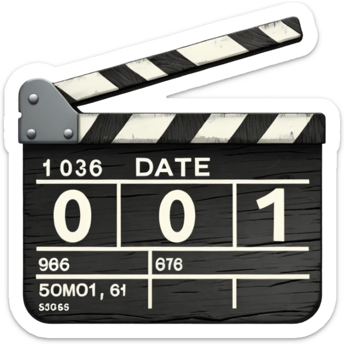Minimalist emoji-style sticker of a cracked movie clapperboard with the date “06/06/66”, faint scorched marks, all in grayscale


 sticker