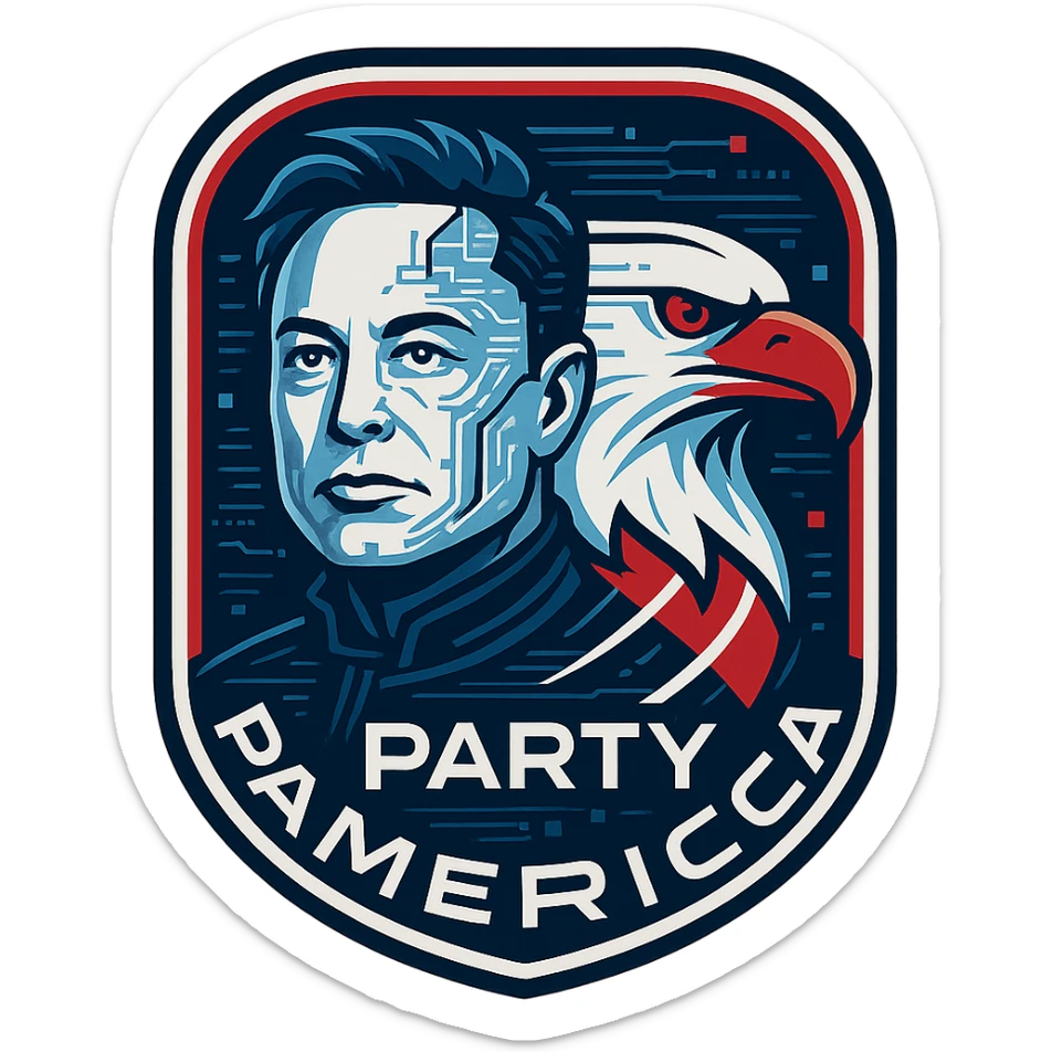 futuristic badge for 'Party America' showing a hybrid of Elon Musk and an American eagle, with 'Party America' text included, clean, tech-inspired style with patriotic colors sticker
