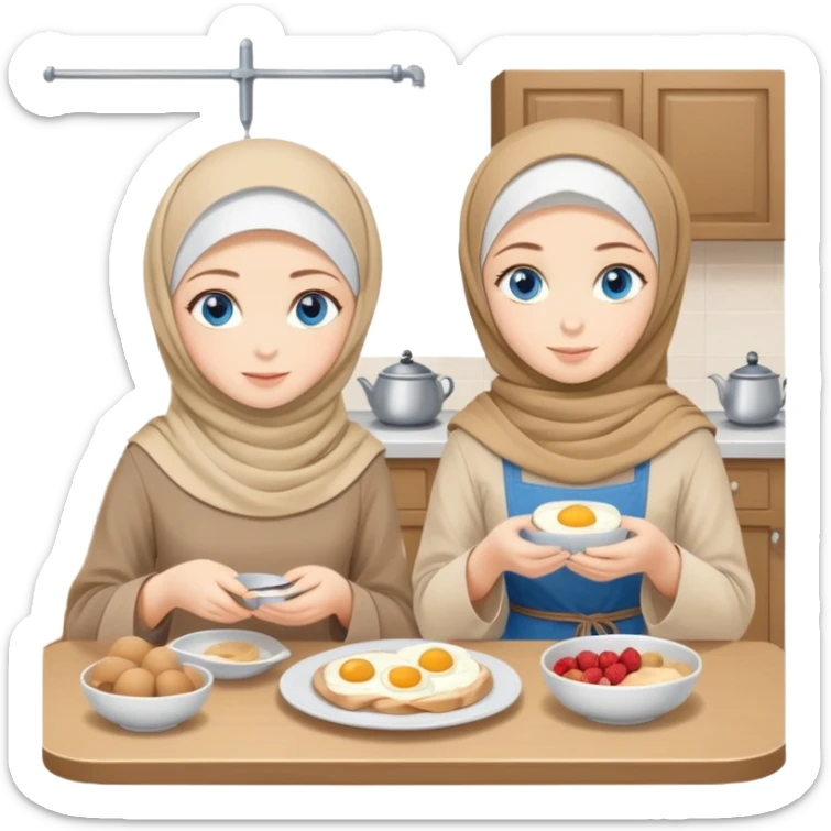 Turkish beautiful finish Konya two girls blue eyes with beige denim hijab islamic dress and make breakfast in breakfast house  sticker