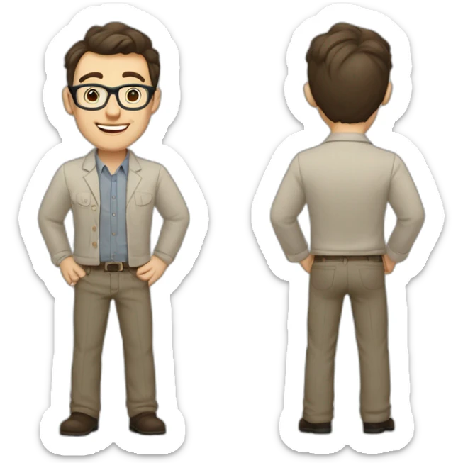 Joyful Full height Pale skinned Fit Man With dark brown hair in gray jacket, beige office shirt, Brown pants and vintage glasses. His thrumbs up sticker