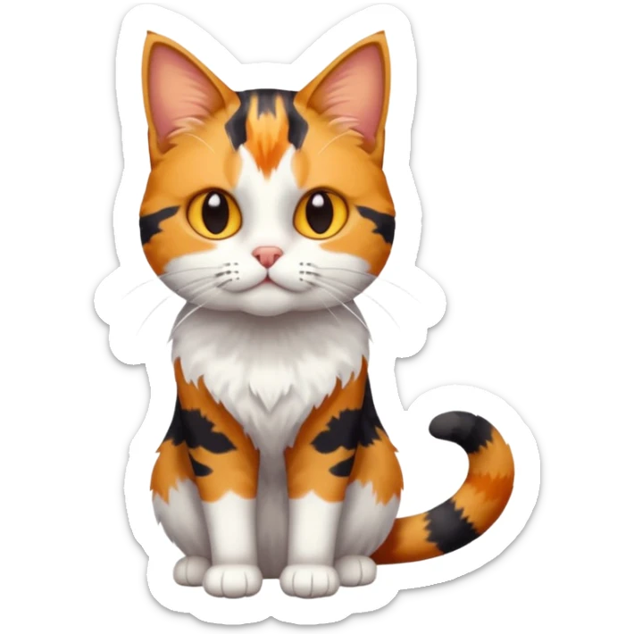 full body colourful calico tabby cat with disproportioned head with an anxious face and white front legs sticker