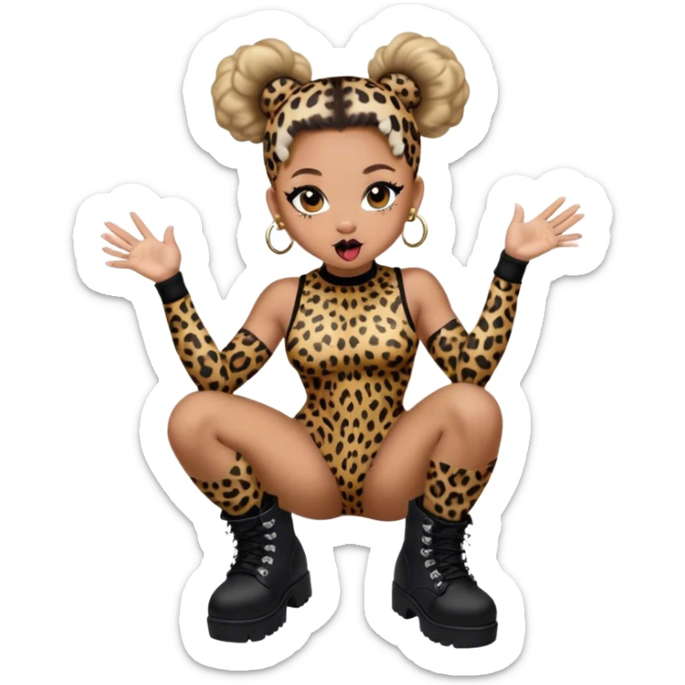 Melanie Brown with her hair in space buns and wearing a tight leopard print bodysuit and black combat boots, she’s showing off her tongue ring sticker