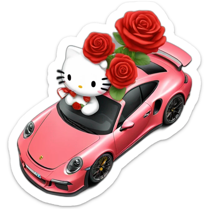 hello kitty in a porsche 911 gt3rs with a bouquet of red roses in her hand sticker