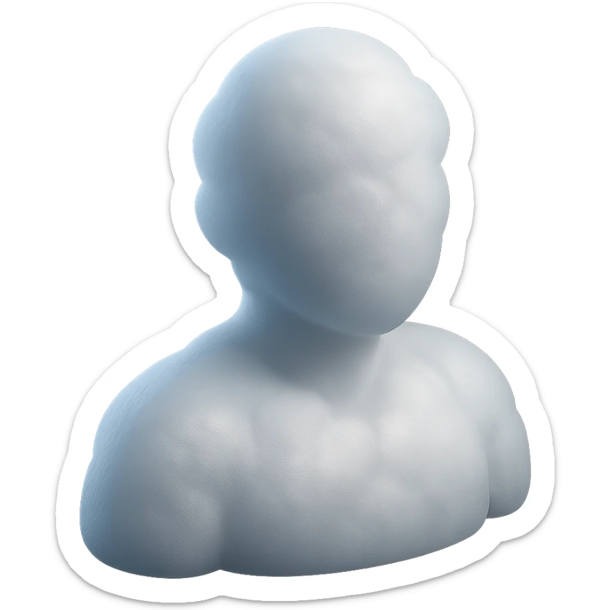 front view of a person made entirely of white fluffy convex clouds, shoulders up, matte glass style, no background, no extra details sticker