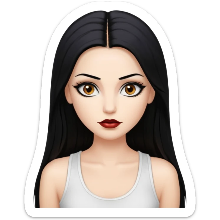 White woman with a white tank top long black hair glossy middle part straight long hair vamp look  brown eyes eyeliner winged with lashes top and bottom white border big lips black eyebrows sticker