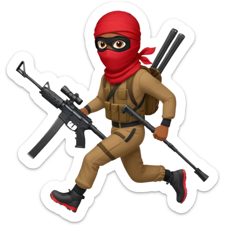 Brown skin Robber with ski mask and ar-15 in red bandana outfit running sticker