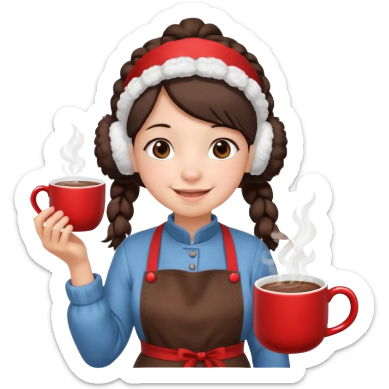 A cozy pig tail hair vendor with fluffy earmuffs, wearing apron handing out steaming cocoa with a warm smile. sticker