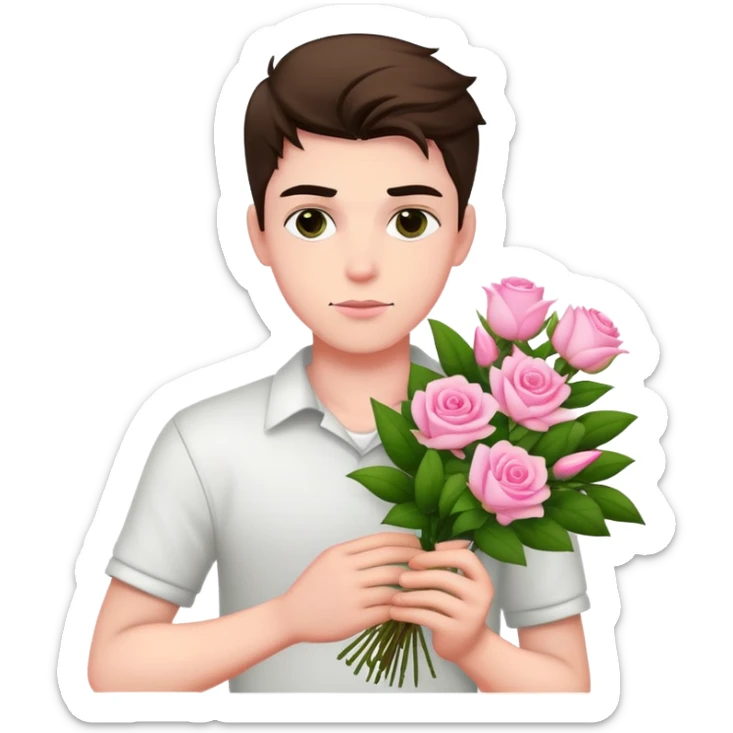 A cool bad boy with fair skin holding a bouquet of pink jasmine roses sticker