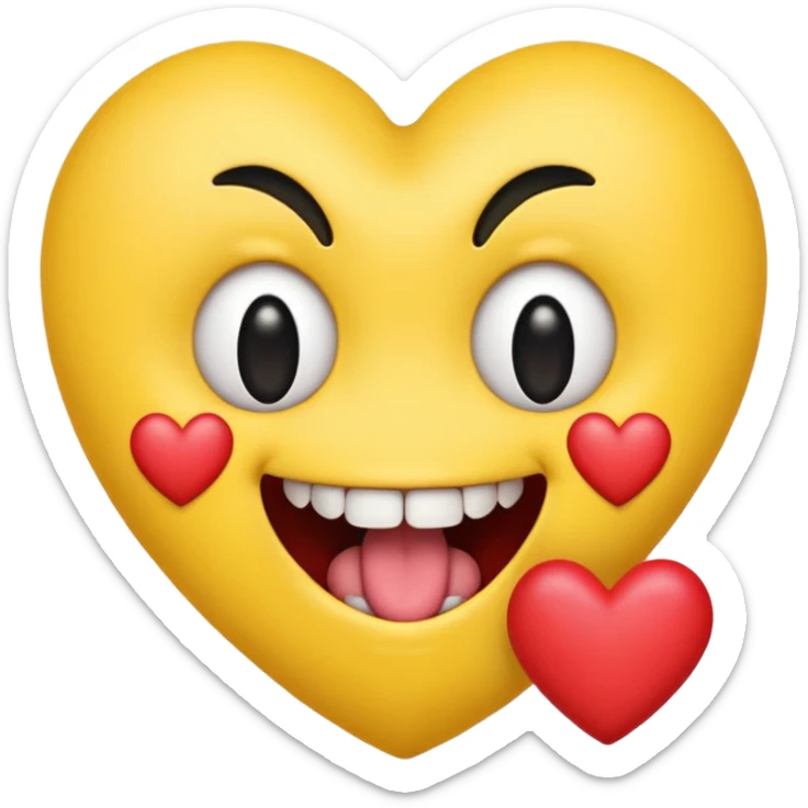 yellow emoji face holding a heart and hes so happy with so happy with teeth and tongue and toes growing out of the top of its head. his eyes have been plucked out and are now eyeless sockets. no eyes. emo hair sticker