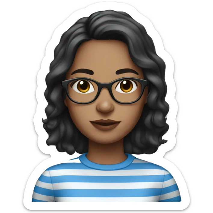 Woman with long dark brown hair, glasses, freckles and a blue and white striped shirt sticker