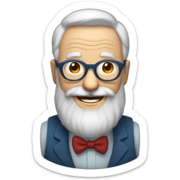 old man with red hair, blue glasses, long beard and moustache and a big smile sticker