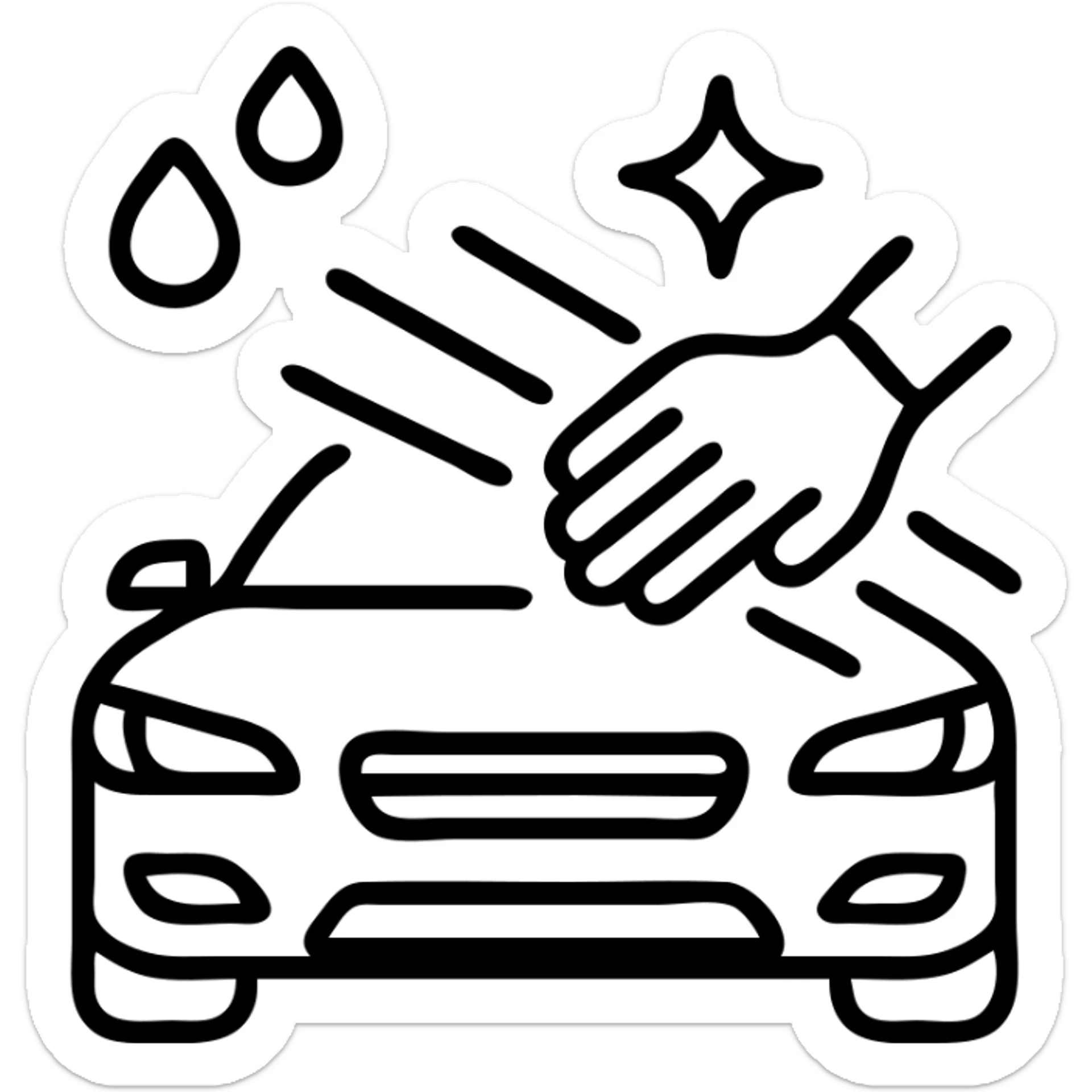 outlined icon of a high-end car with a hand wearing a black glove cleaning the hood, water drops, shine, silver and white details, smooth motion lines, modern and clean sticker