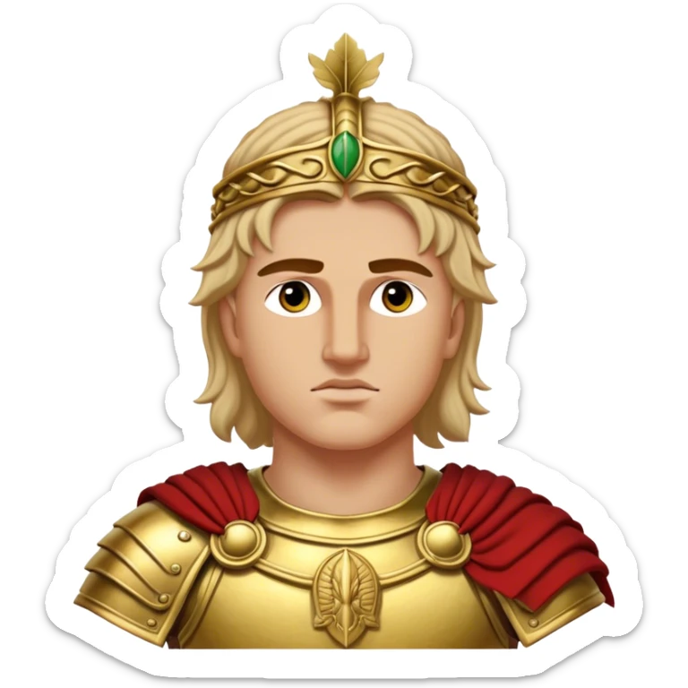 Cinematic Realistic portrait of Alexander the Great, depicted with photorealistic detail as a commanding historical conqueror, featuring sharp, lifelike facial features, meticulously rendered ancient Macedonian armor, and a laurel wreath, illuminated by natural, dramatic lighting that highlights his youthful determination and legendary presence. sticker