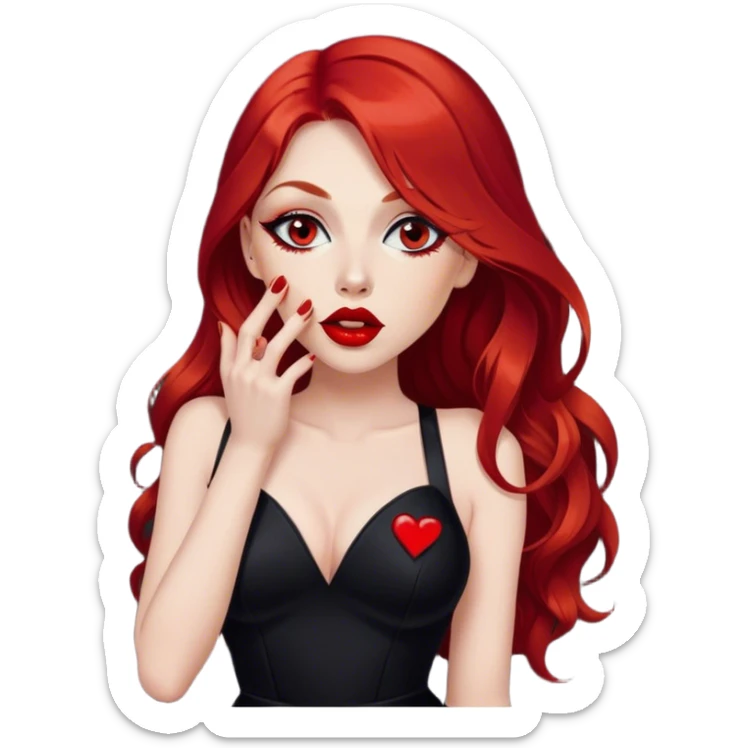 a pretty woman with long red hair and red eyes. The woman wear a black little cutted dress. She have red lipstick and she have a seductive look. She send a kiss sticker