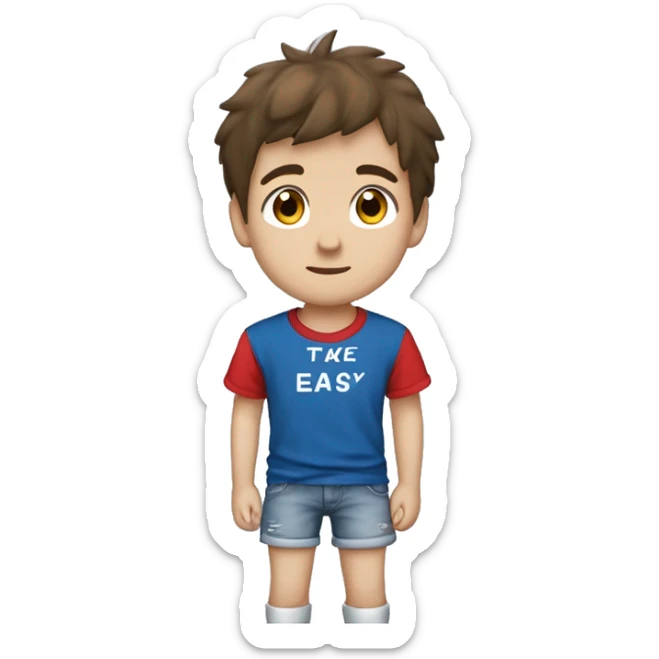 A boy with Brown hair, blue/gray eyes, blue t-shirt with a japaneese flag a jeans short and jordands, under da boy is a text that say´s take it easy sticker