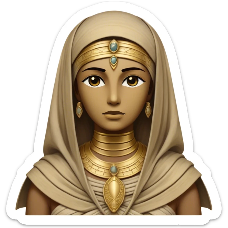 Cinematic Noble Mummy Portrait Emoji, Regal and timeless, with a meticulously wrapped, ancient form in muted earth tones accented by faded gold, exuding an air of forgotten majesty and solemn duty, simplified yet elegant with intricate bandage details, highly detailed and softly glowing, evoking the dignified mystery of an eternal sentinel guarding long-lost secrets! sticker