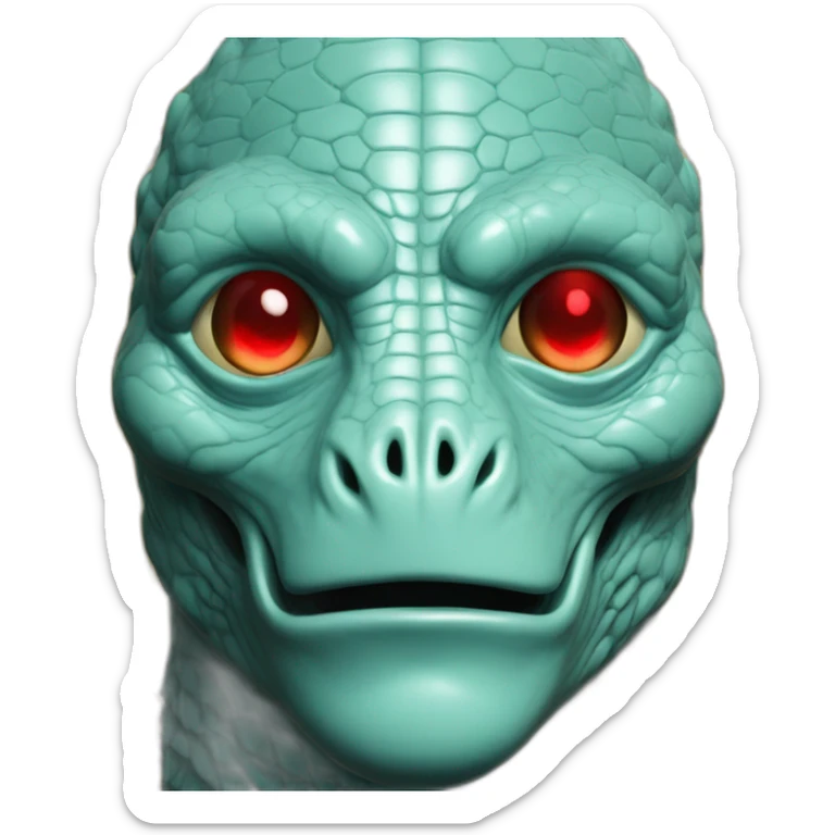 Aquamarine colour Reptilian with red lasers from the eyes in black suite on the golden coin sticker