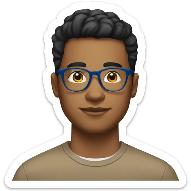 23 year old, brown man, black hair taper fade haircut, clear glasses, wide head, blue shirt sticker