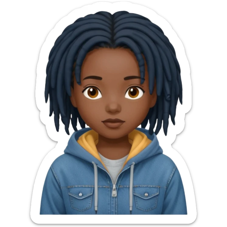 make a black girl with short black locs wearing a denim hoodie with black sleeves sticker