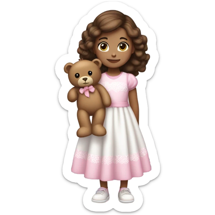 Little Girl White, black eyes.  brown hair  She is wearing a pink and White dress, standing and holding on to a teddy bear. sticker
