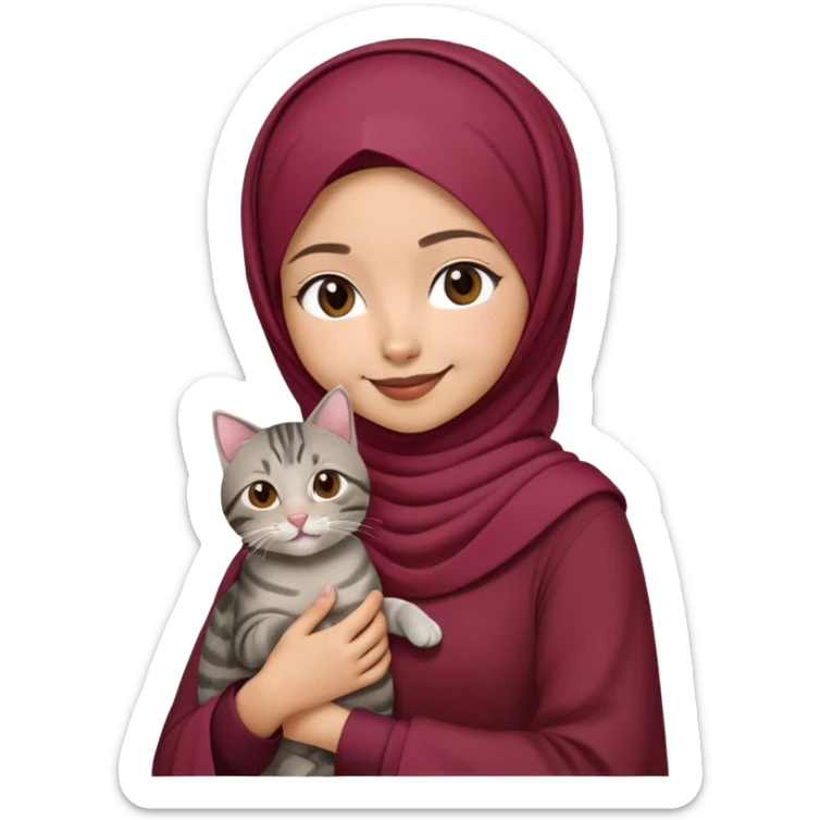 Asian white girl wearing  maroon hijab with dress holding a black grey tabby cat while smiling sticker