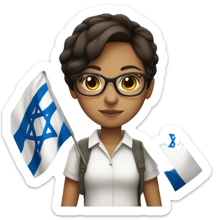 Brunette girl with glasses and short hair holding Israeli flag  sticker