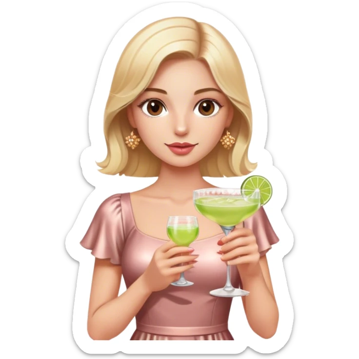 Pretty Blonde model, brown eyes, wearing a rose gold dress with short sleeves, with a margarita glass sticker