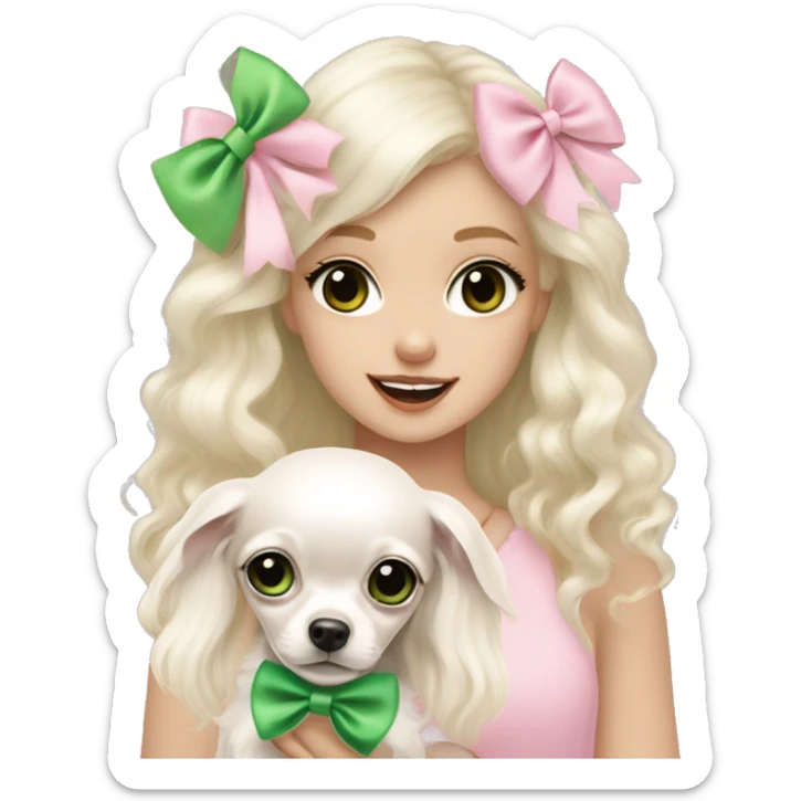pale blonde girl with long platinum white wavy hair with bright green eyes and wearing a light pink hair bow holding a black and white long haired chihuahua puppy also wearing a hair bow sticker