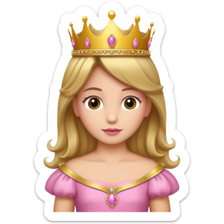 Una princesa con vestido rosa y corona que tenga el pelo castaño claro y ojos marrones  sticker