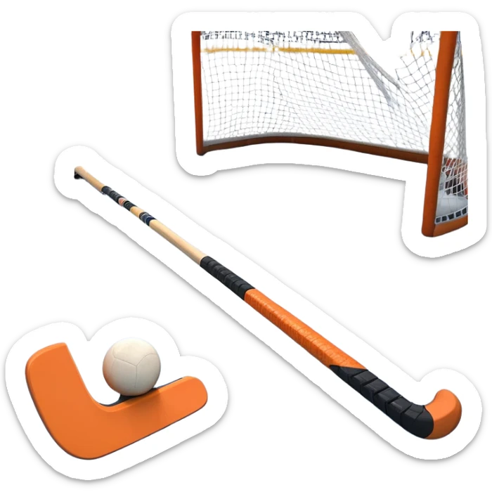 A ball and hockey stick resting on an ice rink, with the goalposts and clear markings in the background. The scene captures the unique nature of field hockey with a ball on ice, emphasizing the speed and precision of the sport in a cold, competitive atmosphere. sticker