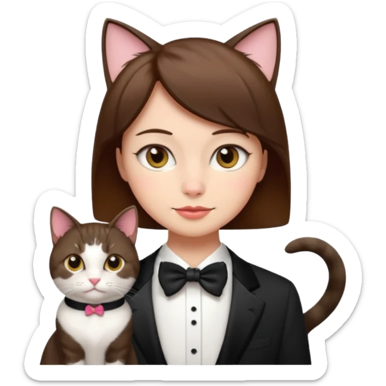 slightly more feminine woman with short brown hair and a tuxedo cat, emoji style sticker