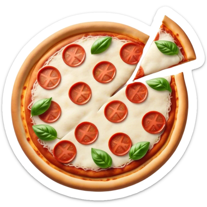 Pizza Napoletana Cinematic Realistic Pizza Napoletana Dish Emoji, depicted as a delicious slice of Neapolitan pizza with a thin, crispy crust, fresh tomato sauce, mozzarella, and basil, rendered with mouth-watering textures and vibrant, warm lighting. sticker
