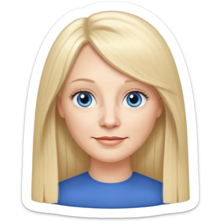 50 yr old white woman, curtain bangs, very long straight blond hair, oval face, small smile, blue eyes, thin face, hair downback, hair parted at center of head, round cheeks, pale, longer hair sticker