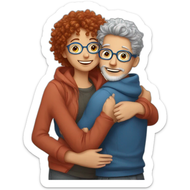 a girl with red curly hair and blue glasses hugging a boy with gray hair sticker