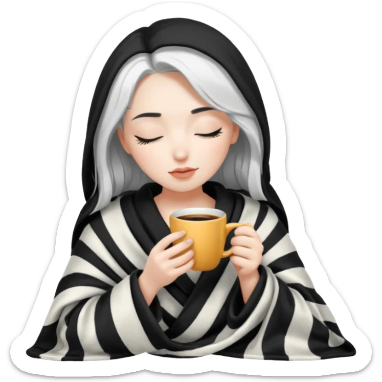 Pale girl with black and white hair inside a blanket sipping coffee eyes closed sticker