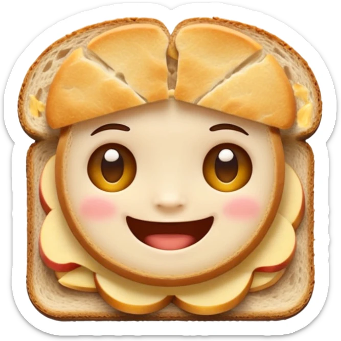 apple style baby emoji head between two horizontal slices of bread like a sandwich, clear smiling face, no extra elements sticker