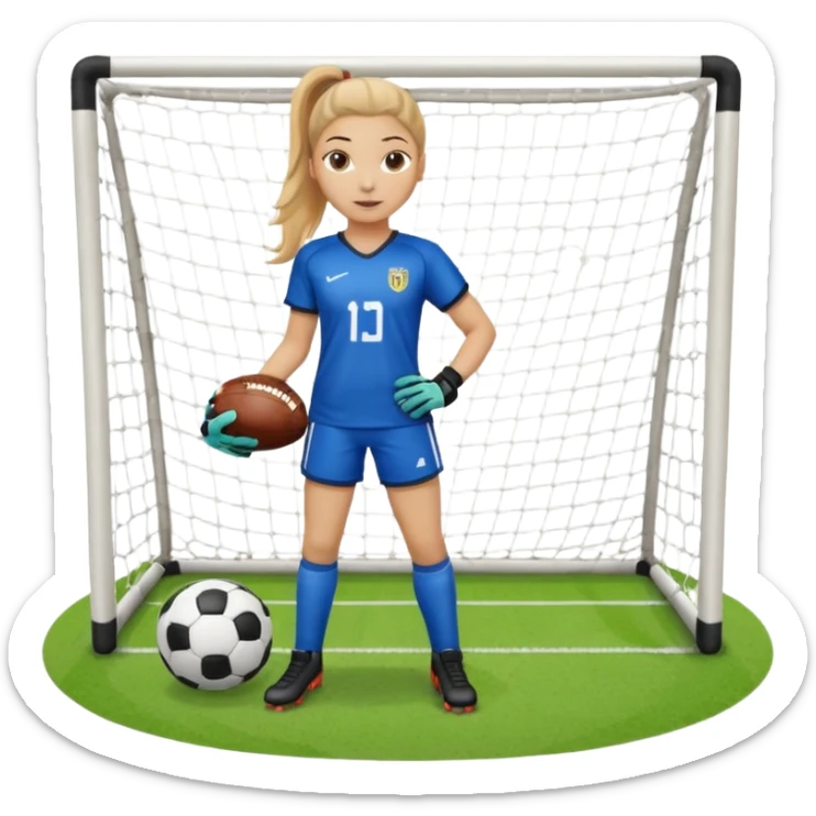 Make a dirty blonde football goalkeeper with goalkeeper gloves on holding a football. The girl is light skinned and wearing a football kit and football shoes. Standing in front of football goal. Wearing a ponytail with the dirty blonde hair. Without a American football ball sticker