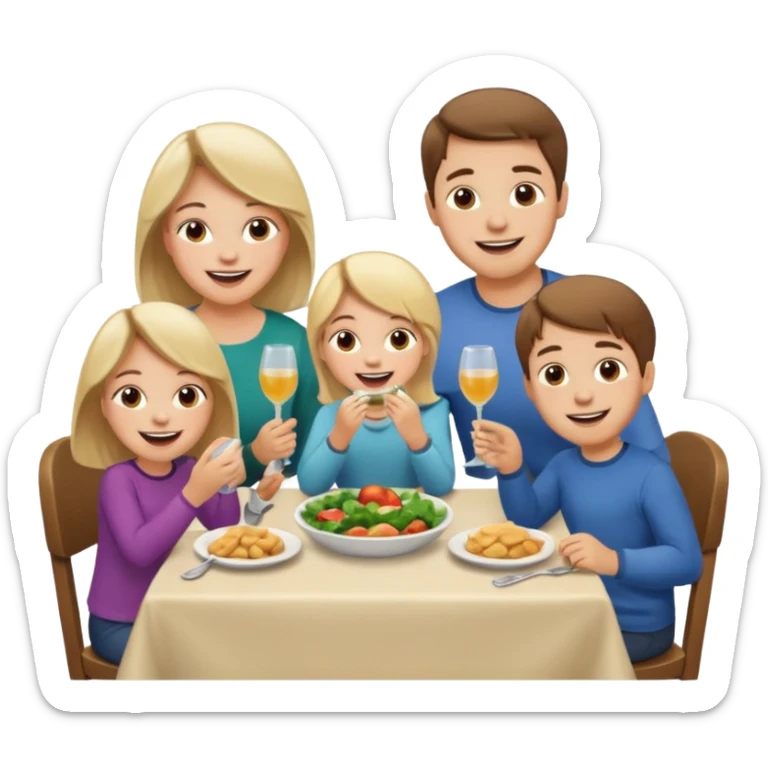 Family eating dinner and laughing together. Husband, wife, boy and girl (4 years old each) sticker